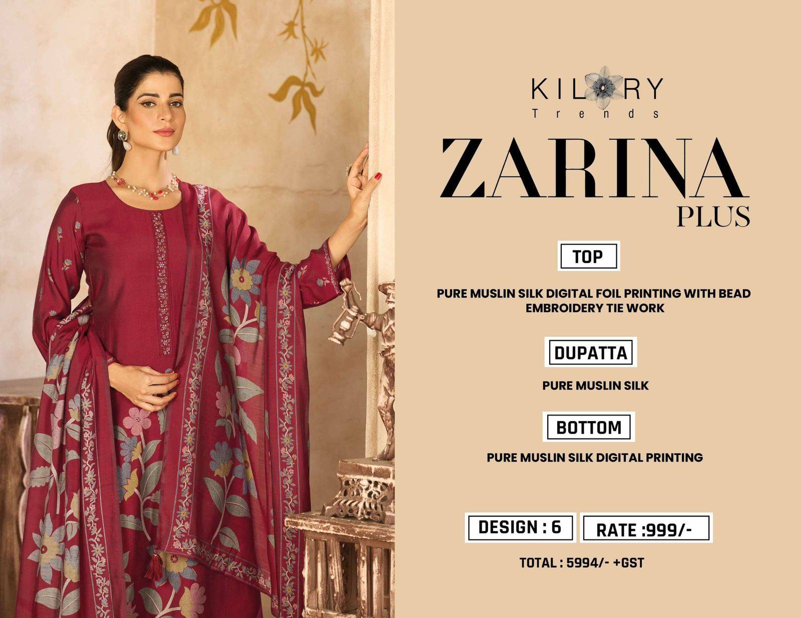 ZARINA PLUS By KILORY  TREND 1831 to 1836 Series Beautiful Pakistani Suits Colorful Stylish Fancy PURE MUSLIN SILK Dresses At Wholesale Price